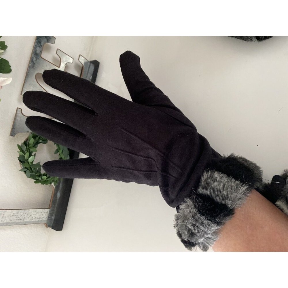 Vintage XS  Women's Faux Fur‎ Trim Gloves Winter Warm Black Gray Animal Print 2 - Picture 13 of 16
